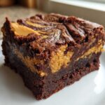 Close-up of a fudgy Gluten-Free Chocolate Peanut Butter Swirl Brownies square on a white plate.