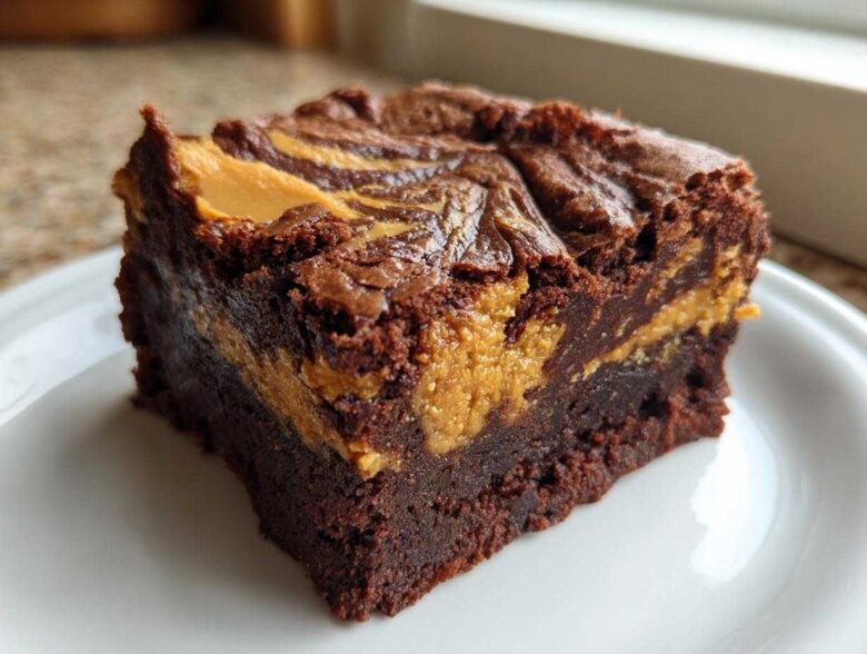 Close-up of a fudgy Gluten-Free Chocolate Peanut Butter Swirl Brownies square on a white plate.