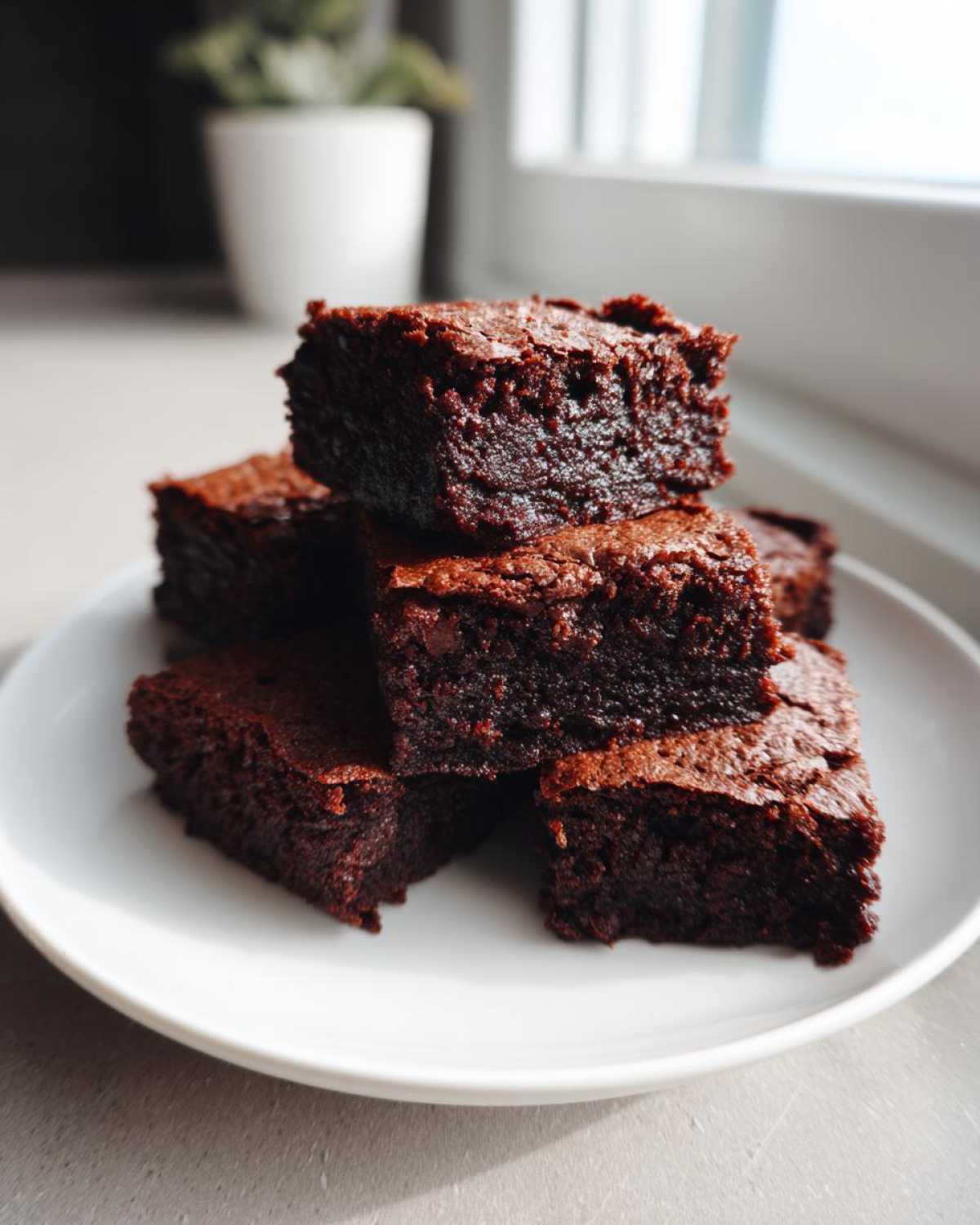 A stack of rich, fudgy Greek Yogurt Brownies under 100 calories, showing their dense texture.