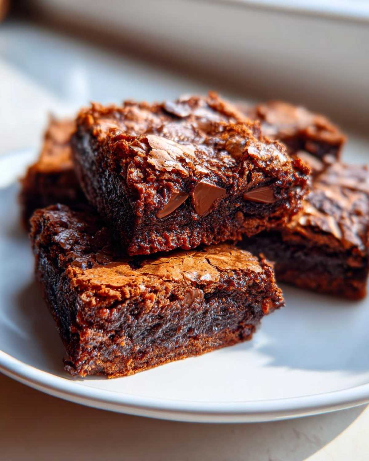 Close-up of rich, fudgy Ooey Gooey Bars stacked on a white plate, showing melted chocolate chips inside.