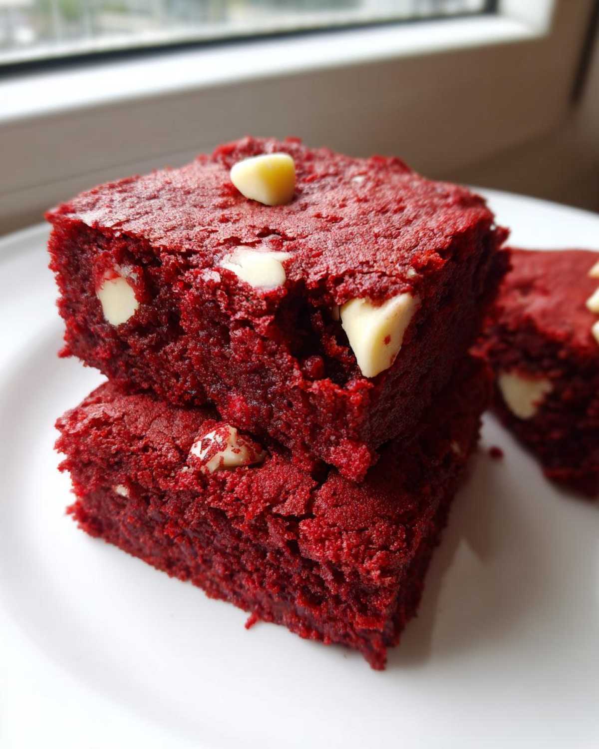 Two stacked, rich red velvet brownies studded with white chocolate chips, sitting on a white plate.