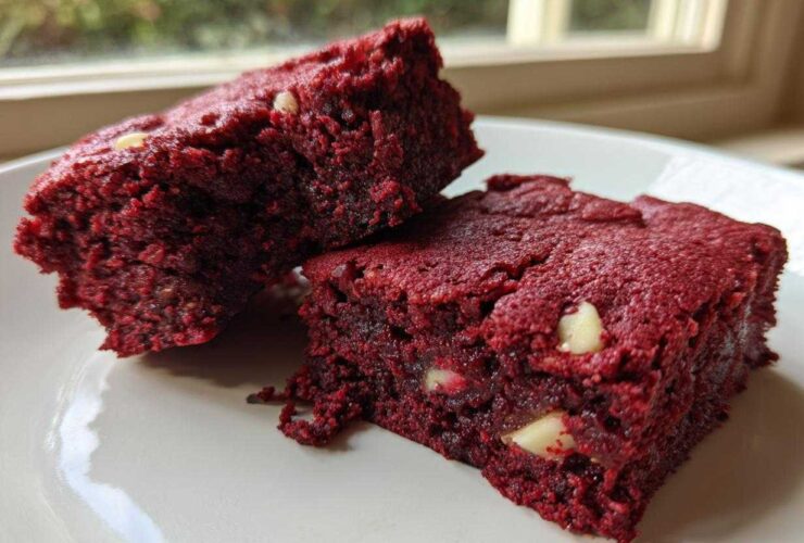 Two rich, fudgy red velvet brownies studded with white chocolate chips resting on a white plate.