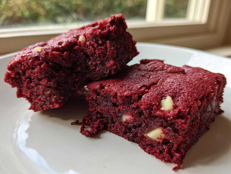 Two rich, fudgy red velvet brownies studded with white chocolate chips resting on a white plate.