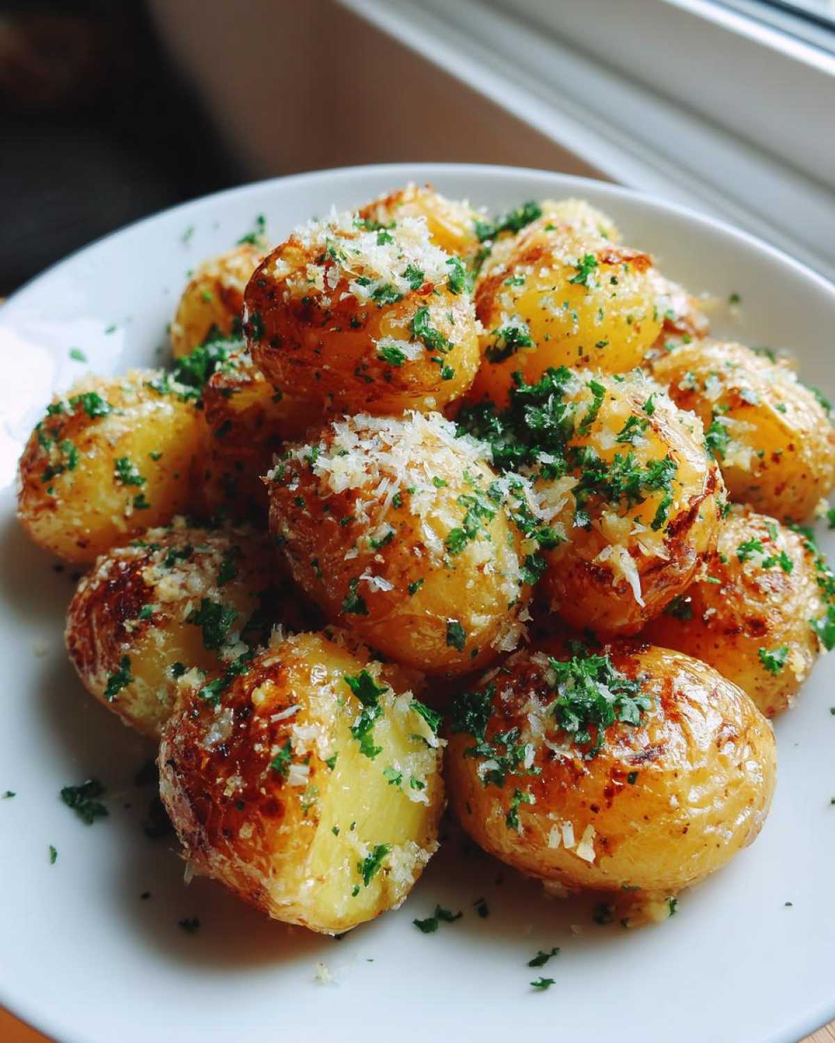A close-up of roasted Garlic Baby Potatoes Parmesan piled high on a white plate, topped with grated cheese and fresh parsley.