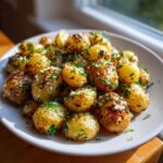 A close-up of roasted Garlic Baby Potatoes Parmesan, glistening and topped with grated cheese and fresh parsley.