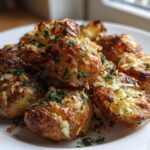 Close-up of roasted Garlic Baby Potatoes Parmesan, crispy and topped with melted cheese and fresh parsley.