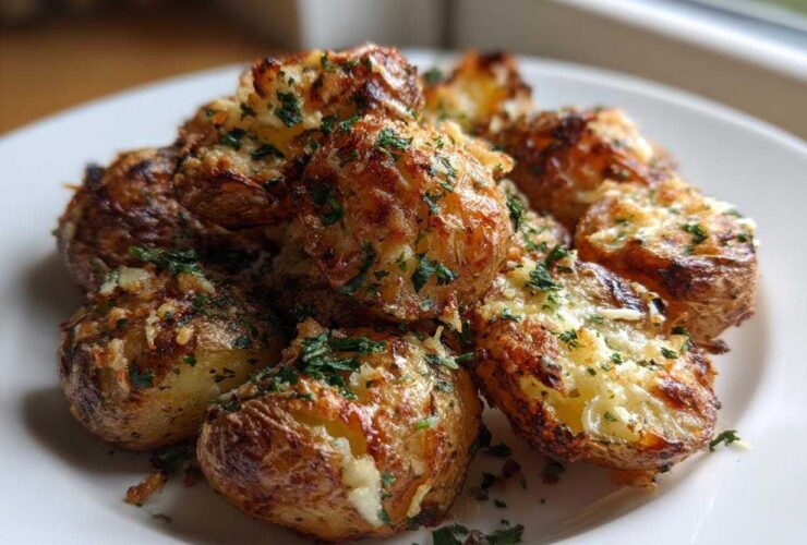Close-up of roasted Garlic Baby Potatoes Parmesan, crispy and topped with melted cheese and fresh parsley.