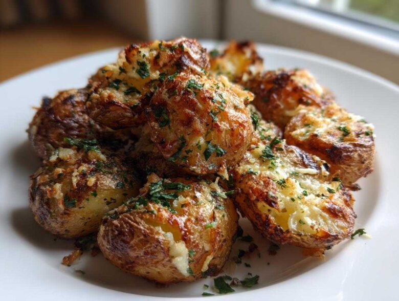 Close-up of roasted Garlic Baby Potatoes Parmesan, crispy and topped with melted cheese and fresh parsley.