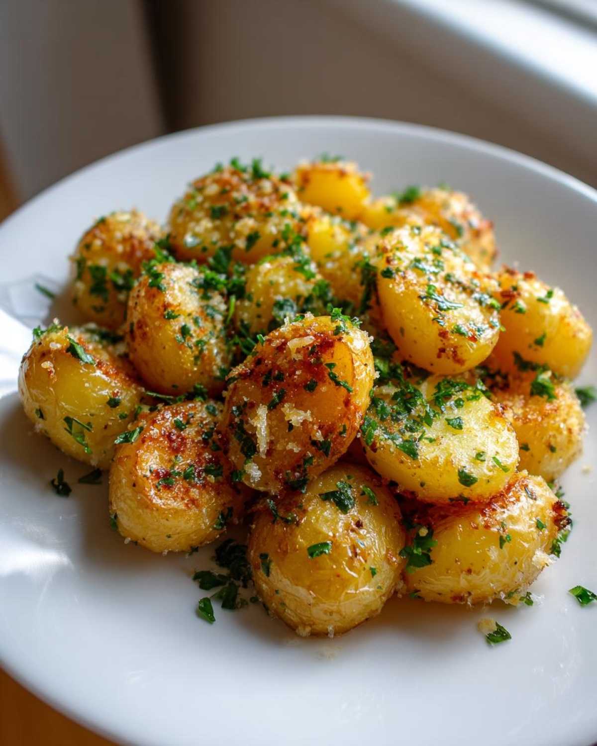 A serving of roasted Garlic Baby Potatoes Parmesan topped with fresh parsley and grated cheese.