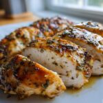 Close-up of sliced Garlic Butter Chicken Breast showing juicy white meat coated in a rich garlic butter herb glaze.