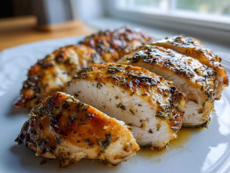 Close-up of sliced Garlic Butter Chicken Breast showing juicy white meat coated in a rich garlic butter herb glaze.