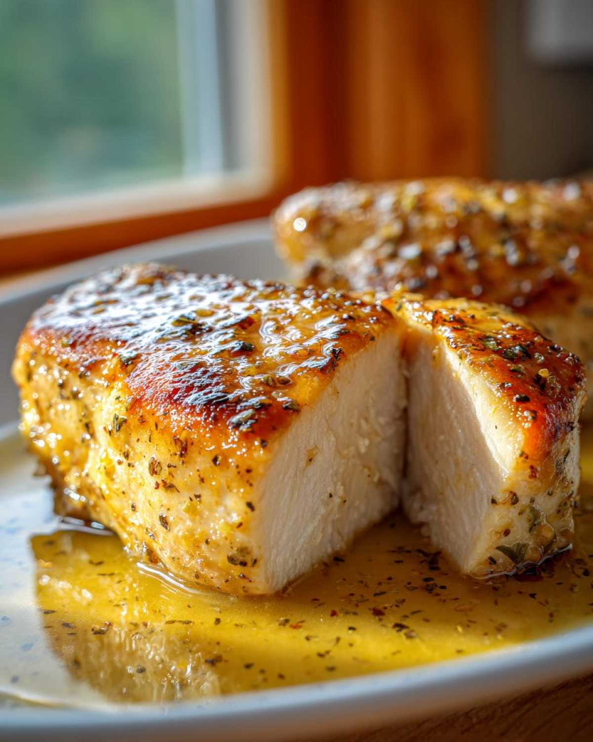 Close-up of a juicy Garlic Butter Chicken Breast Juicy Flavorful, cut in half showing moist white meat and glistening garlic butter sauce.