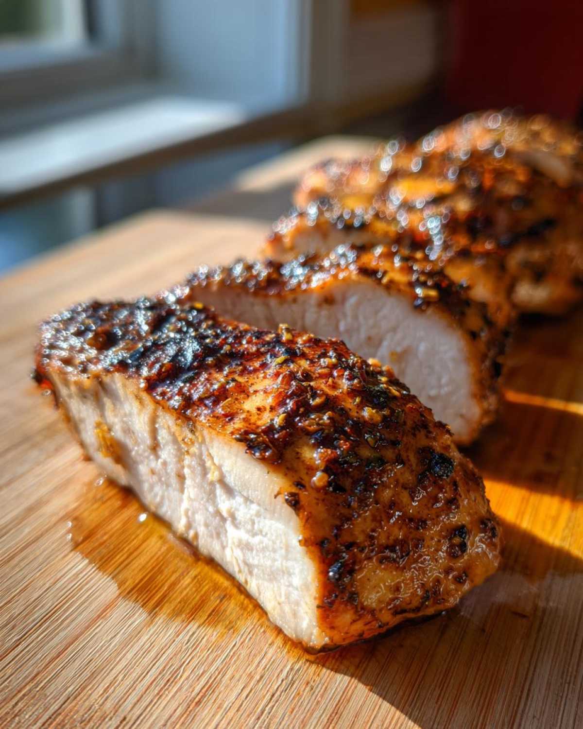 Close-up of sliced Garlic Butter Chicken Breast Juicy Flavorful, showing the moist white interior and seasoned, browned exterior.