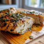 Close-up of sliced Garlic Butter Chicken Breast Juicy Flavorful, glistening with butter sauce and herbs on a wooden cutting board.