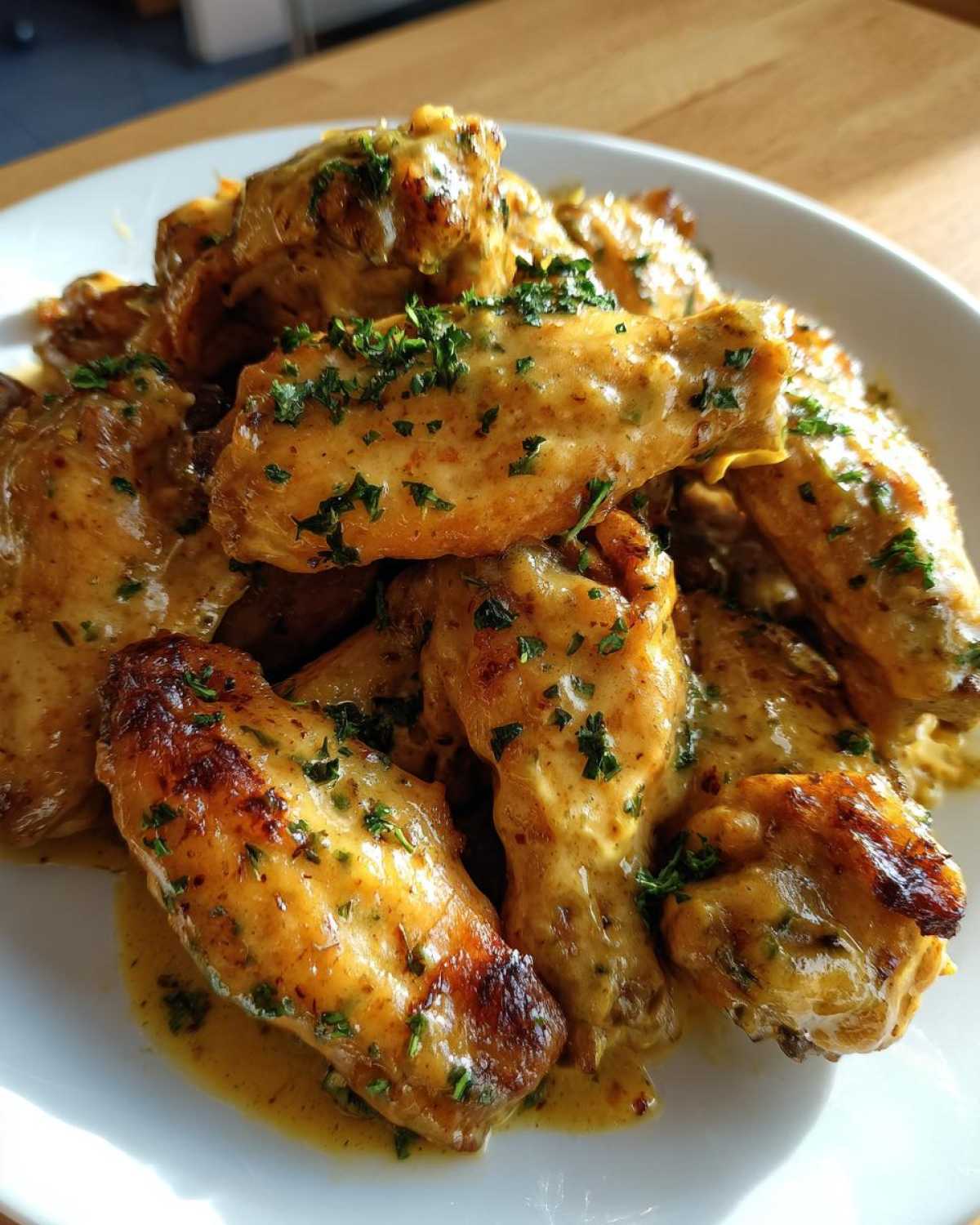 Close-up of crispy chicken wings smothered in creamy Copycat Garlic Parmesan Wing Sauce and topped with parsley.