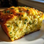 Close-up of a moist slice of Gluten-Free Cheddar Jalapeno Cornbread topped with green herbs.