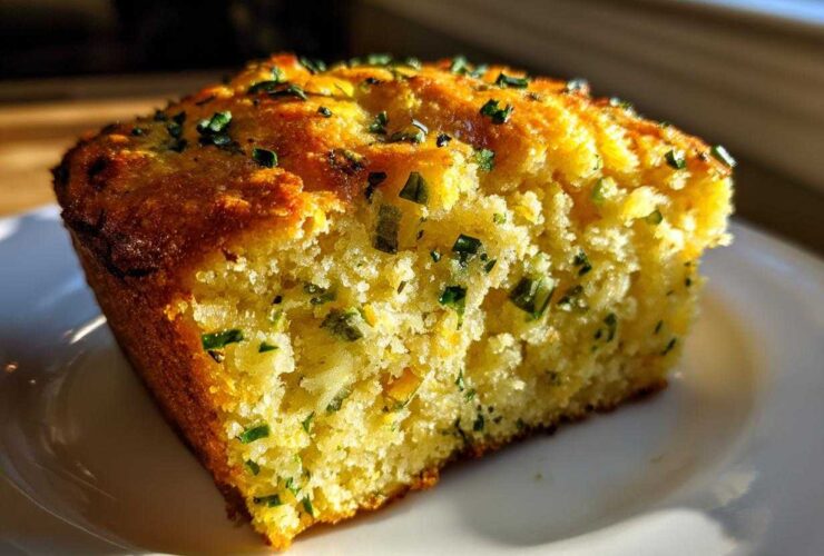 Close-up of a moist slice of Gluten-Free Cheddar Jalapeno Cornbread topped with green herbs.