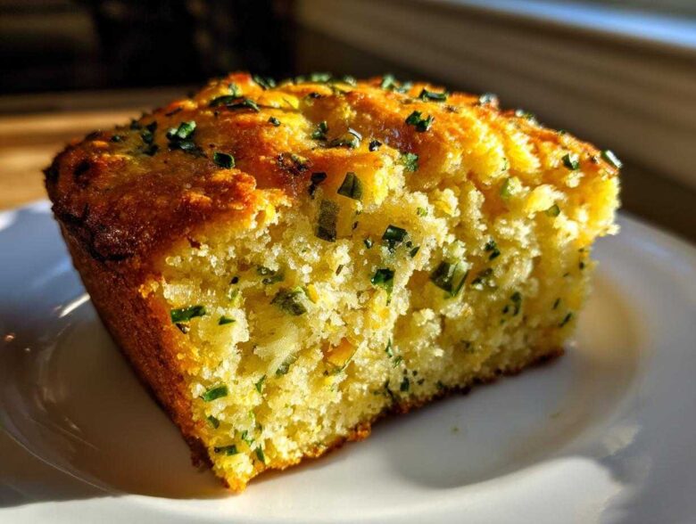 Close-up of a moist slice of Gluten-Free Cheddar Jalapeno Cornbread topped with green herbs.