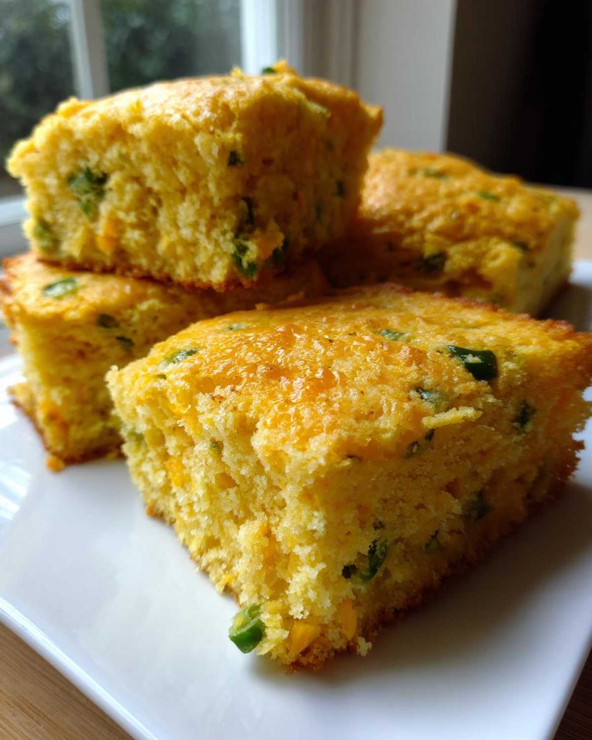 Close-up of several squares of moist Gluten-Free Cheddar Jalapeno Cornbread stacked on a white plate.