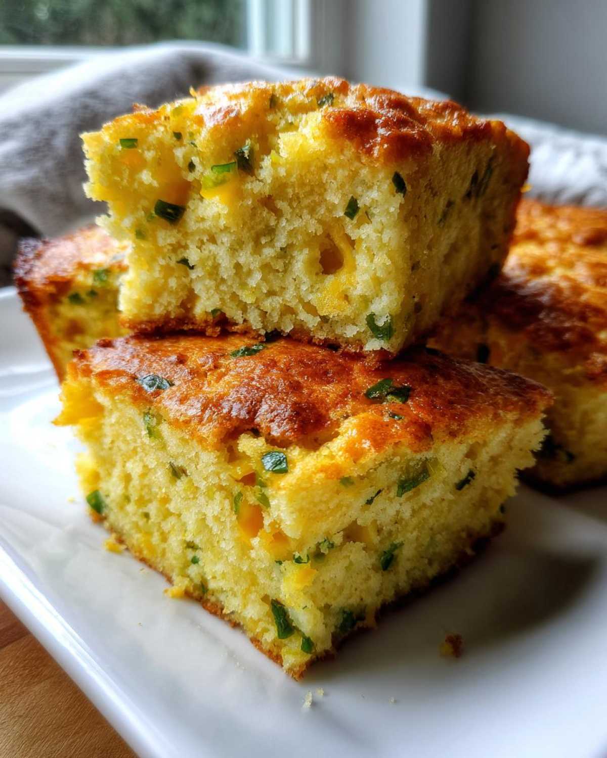 Close-up of two stacked slices of moist Gluten-Free Cheddar Jalapeno Cornbread, showing melted cheese and green jalapeno pieces.