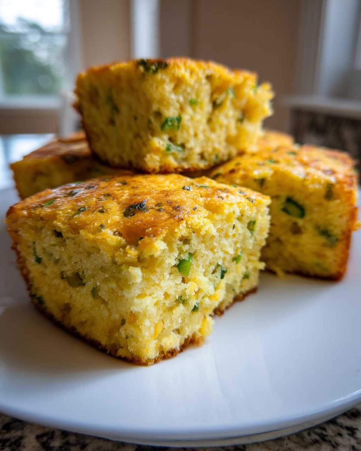 Close-up of several squares of moist Gluten-Free Cheddar Jalapeno Cornbread stacked on a white plate.