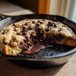 A warm Gluten-Free Chocolate Chip Skillet Cookie with a section removed showing melted chocolate pooling in the cast iron pan.