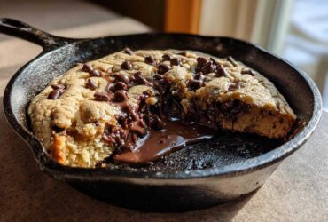 A warm Gluten-Free Chocolate Chip Skillet Cookie with a section removed showing melted chocolate pooling in the cast iron pan.