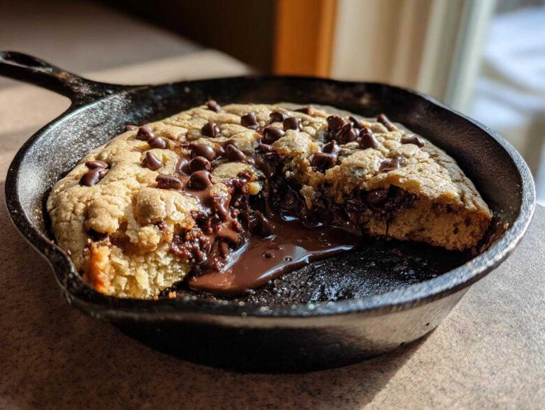 A warm Gluten-Free Chocolate Chip Skillet Cookie with a section removed showing melted chocolate pooling in the cast iron pan.