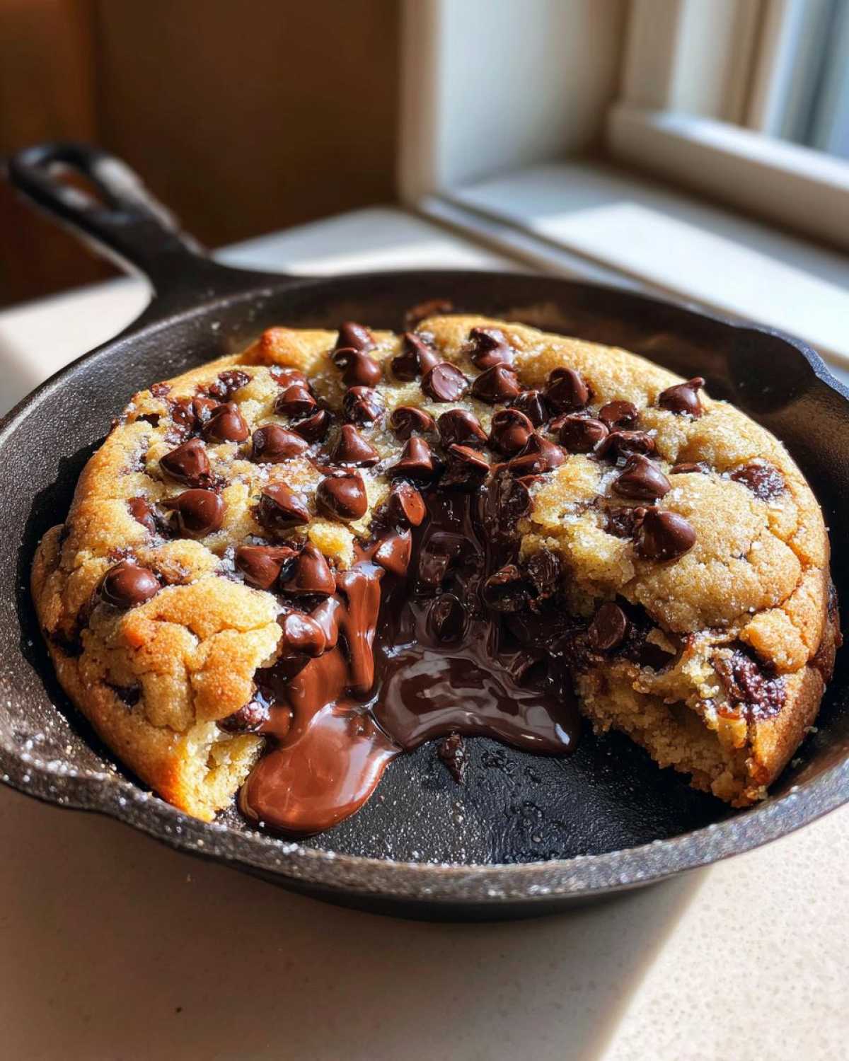 A warm Gluten-Free Chocolate Chip Skillet Cookie with molten chocolate oozing out of a section taken from the center.