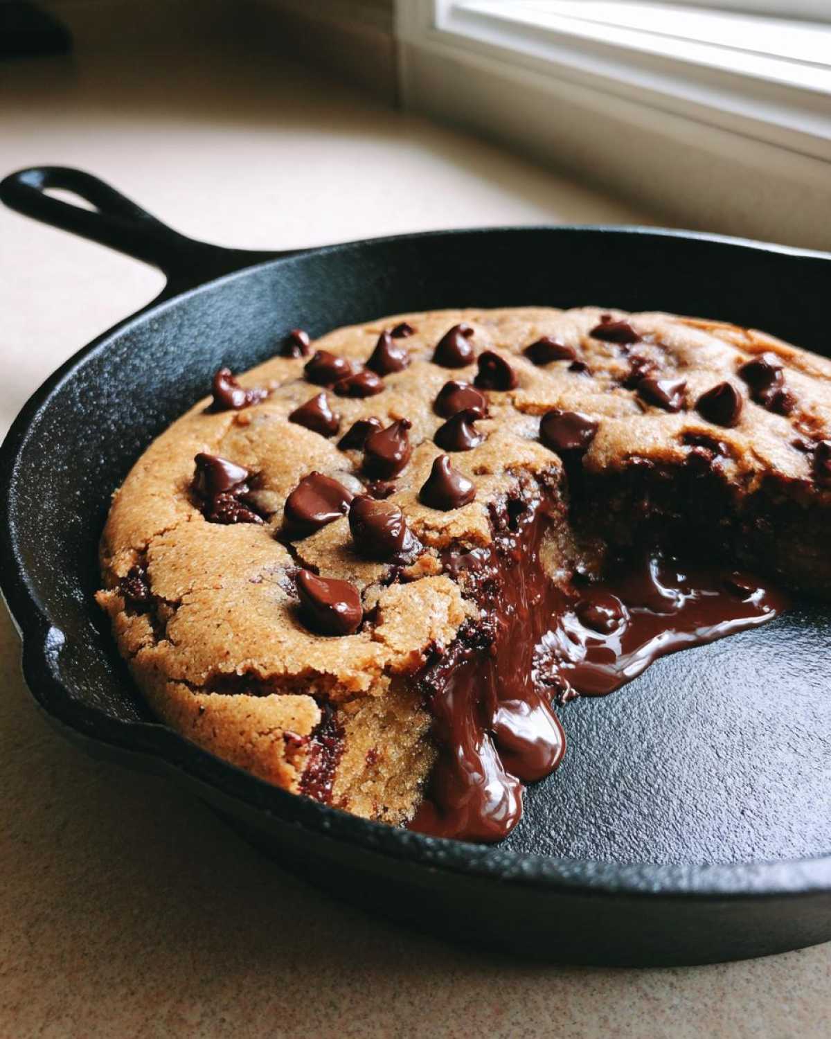 A warm Gluten-Free Chocolate Chip Skillet Cookie with molten chocolate oozing out of a section in a black cast iron pan.