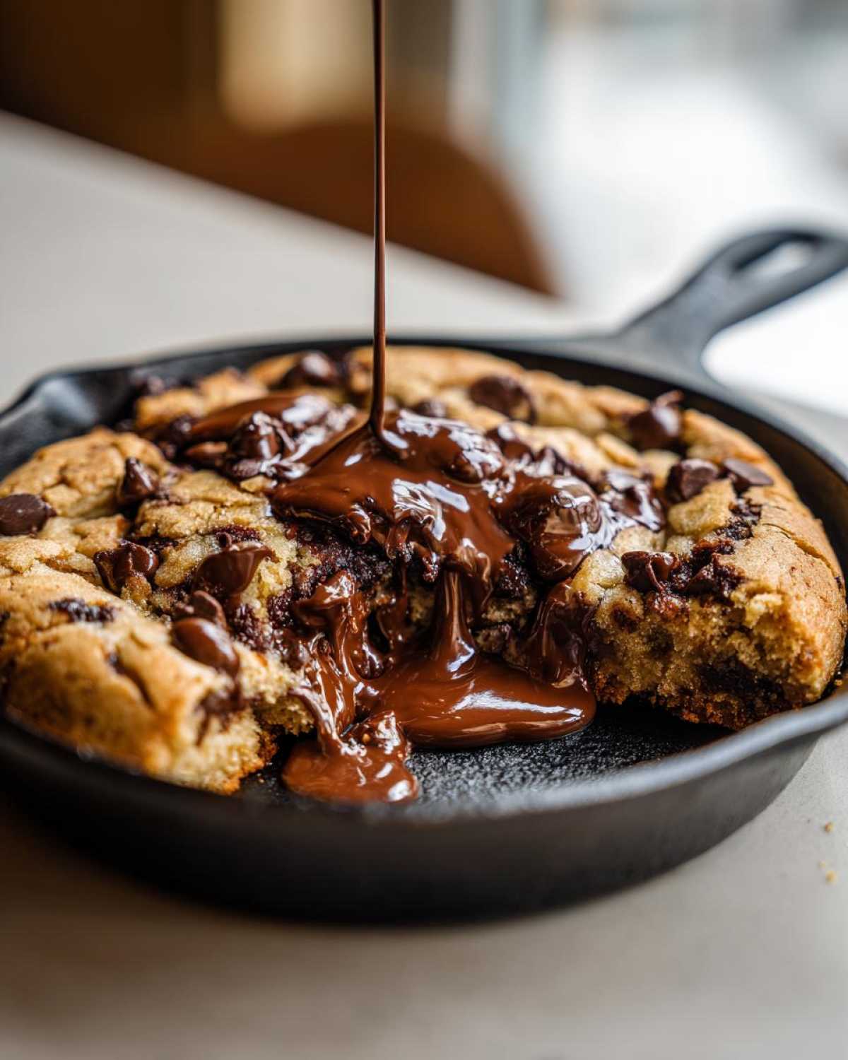 Melted chocolate is being poured over a warm Gluten-Free Chocolate Chip Skillet Cookie in a cast iron pan.