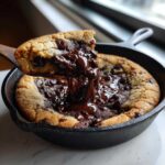 A scoop of warm Gluten-Free Chocolate Chip Skillet Cookie being lifted, showing gooey, melted chocolate dripping back into the pan.