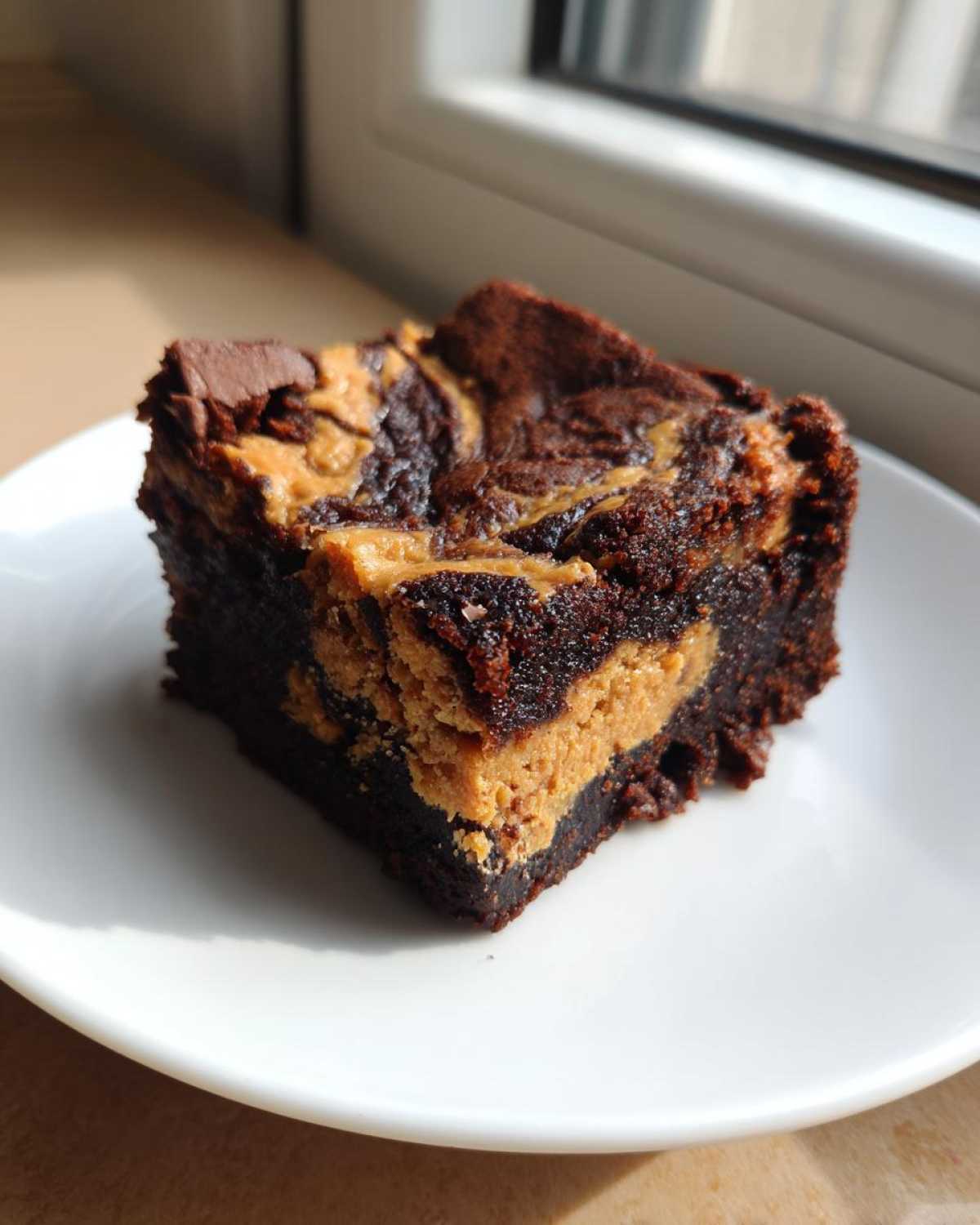 A close-up of a fudgy Gluten-Free Chocolate Peanut Butter Swirl Brownies square on a white plate.