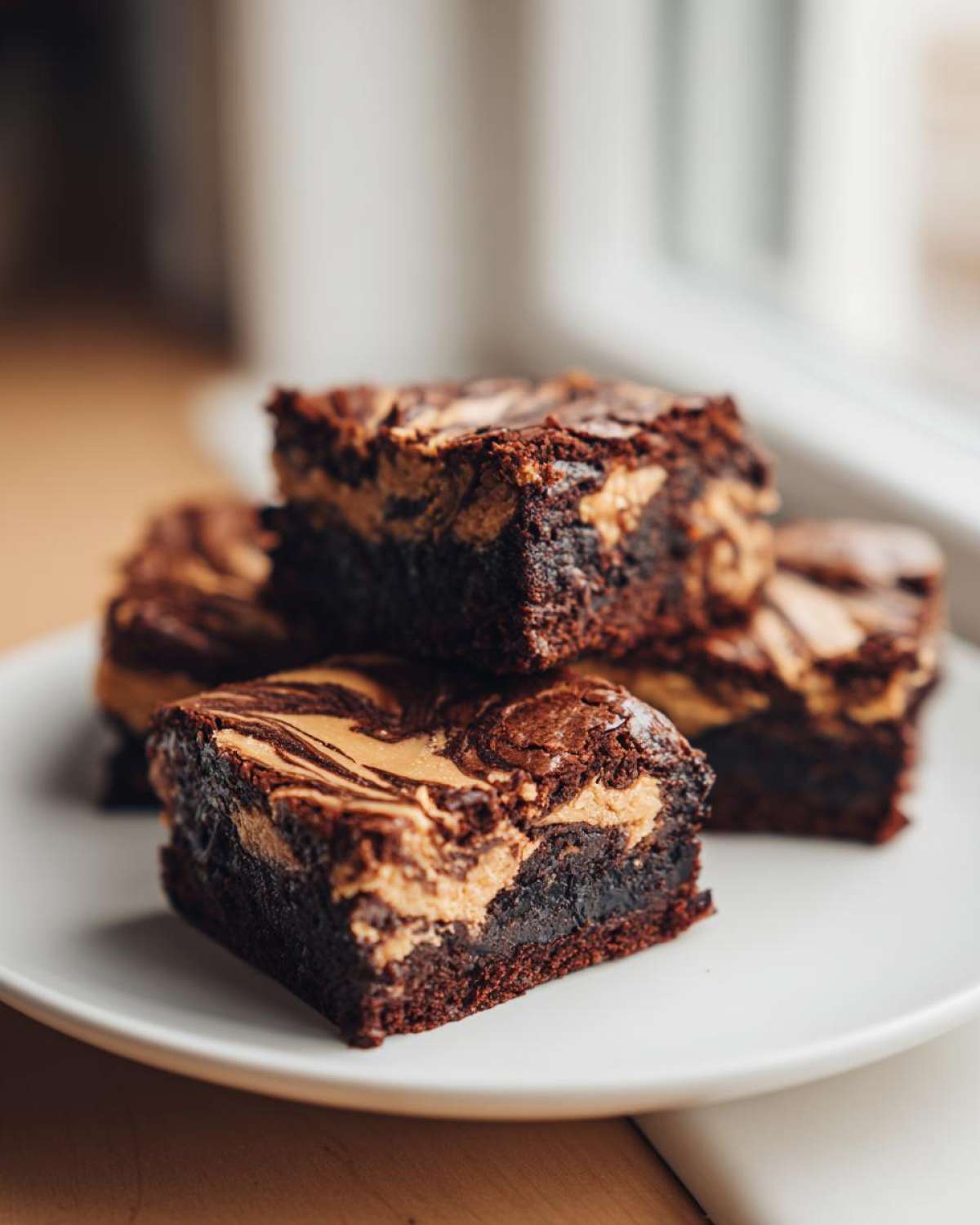 Close-up of fudgy Gluten-Free Chocolate Peanut Butter Swirl Brownies stacked on a white plate.