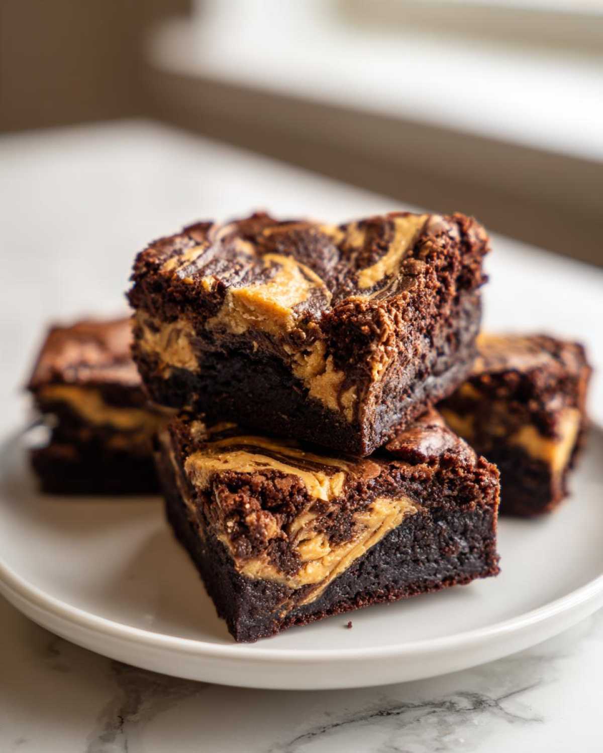 Close-up of stacked, fudgy Gluten-Free Chocolate Peanut Butter Swirl Brownies on a white plate.