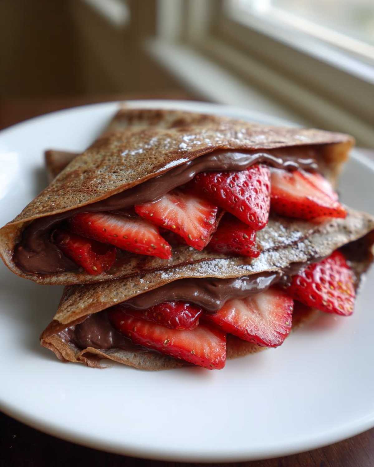 Two folded Gluten-Free Chocolate Strawberry Crepes filled with chocolate spread and fresh sliced strawberries, dusted with powdered sugar.