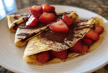 Two folded Gluten-Free Chocolate Strawberry Crepes topped with melted chocolate and fresh sliced strawberries.