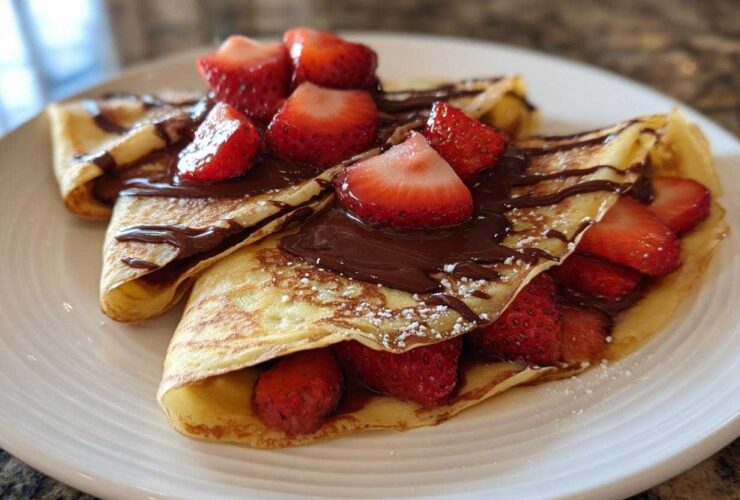 Two folded Gluten-Free Chocolate Strawberry Crepes topped with melted chocolate and fresh sliced strawberries.