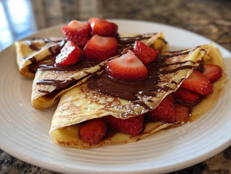 Two folded Gluten-Free Chocolate Strawberry Crepes topped with melted chocolate and fresh sliced strawberries.
