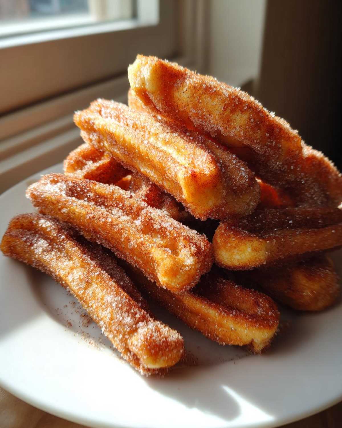A close-up stack of golden Gluten-Free Cinnamon Sugar Waffle Sticks coated heavily in cinnamon sugar.