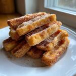A stack of golden Gluten-Free Cinnamon Sugar Waffle Sticks heavily coated in sparkling cinnamon sugar on a white plate.
