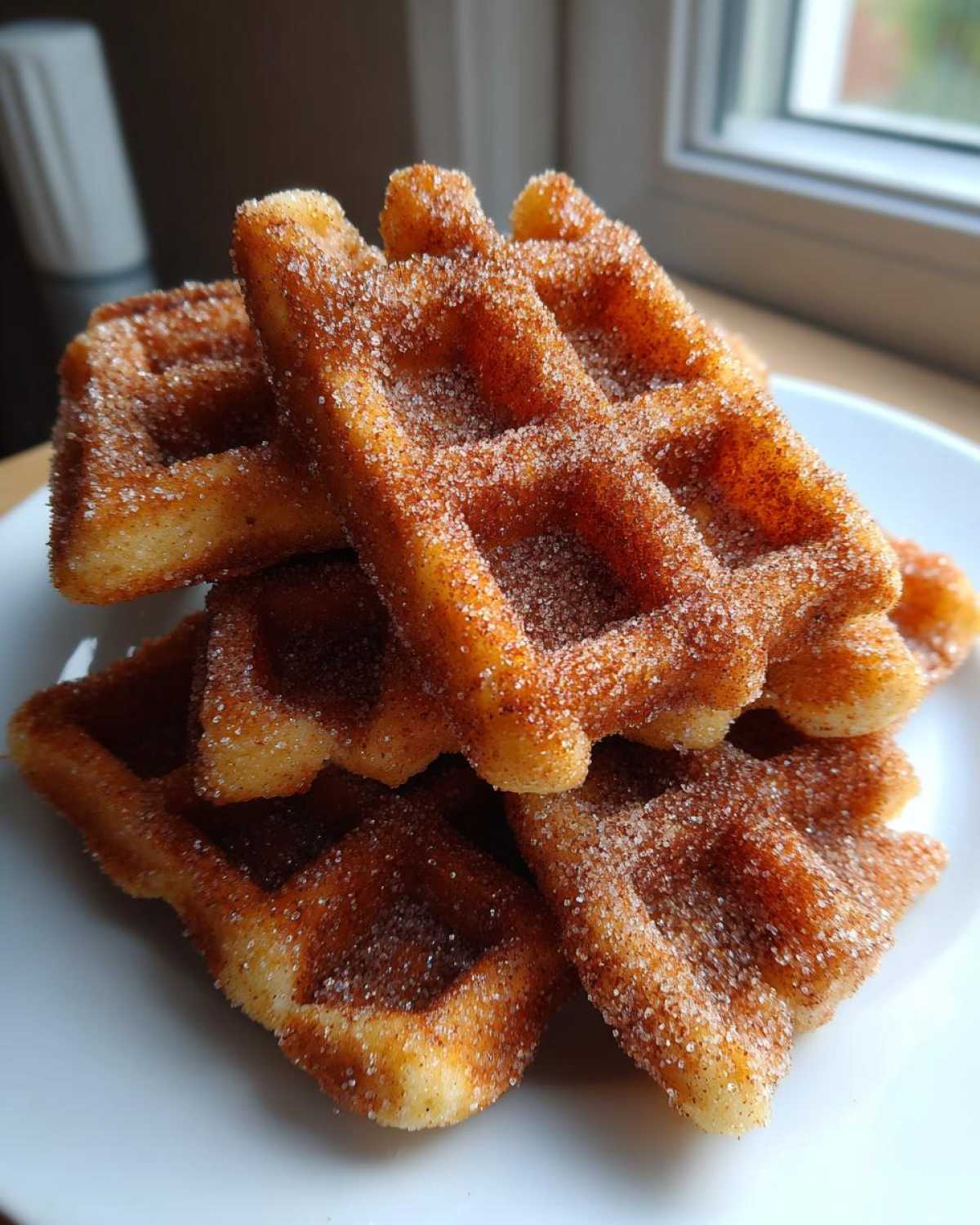 Close-up of a stack of warm Gluten-Free Cinnamon Sugar Waffle Sticks heavily coated in cinnamon sugar.