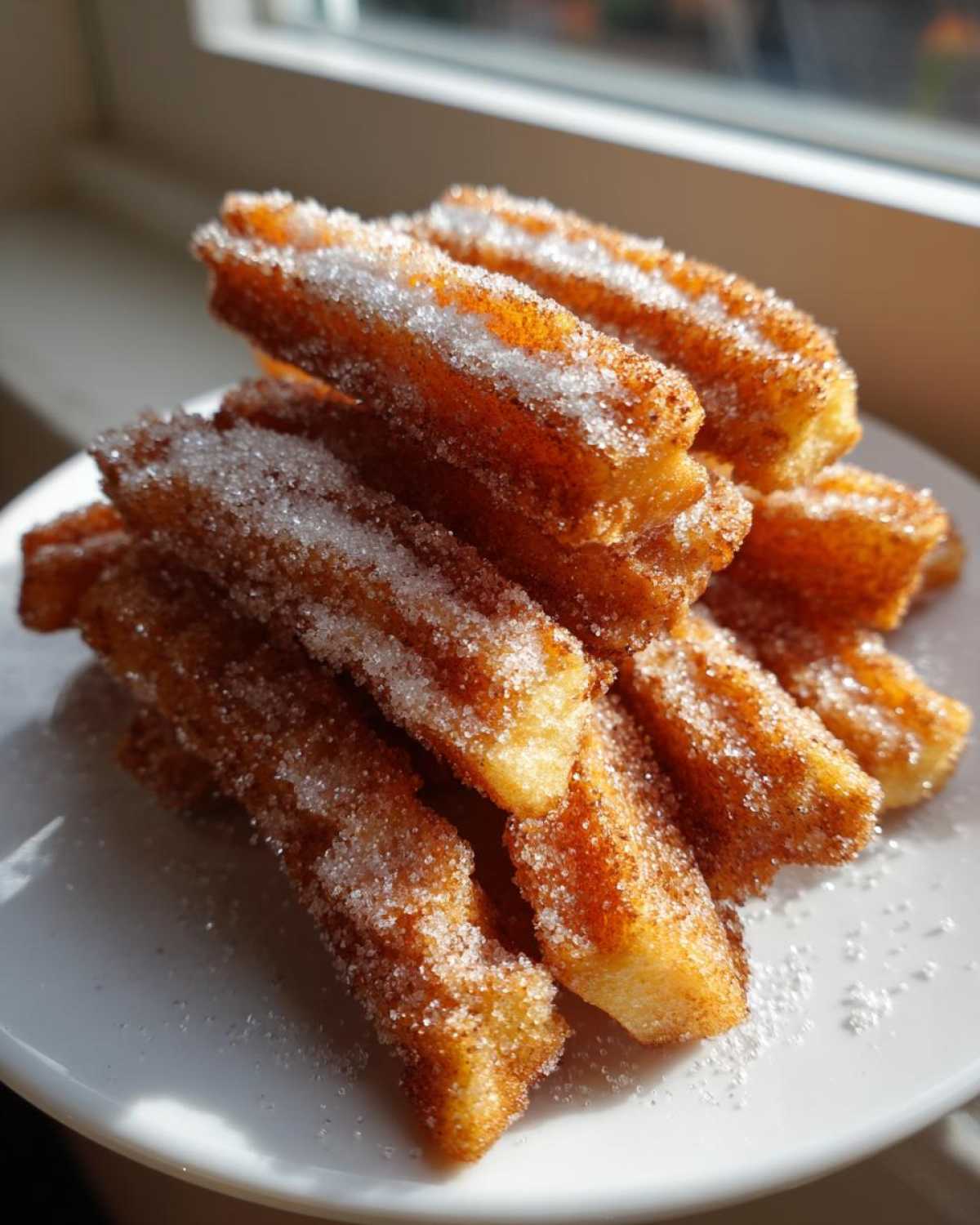 A stack of golden-brown Gluten-Free Cinnamon Sugar Waffle Sticks heavily coated in sparkling sugar.