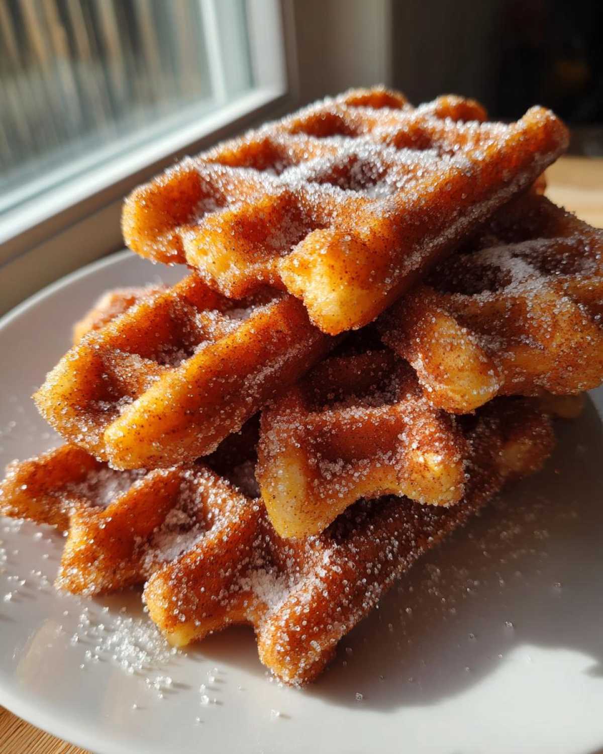 A stack of golden Gluten-Free Cinnamon Sugar Waffle Sticks heavily coated in sparkling cinnamon sugar.