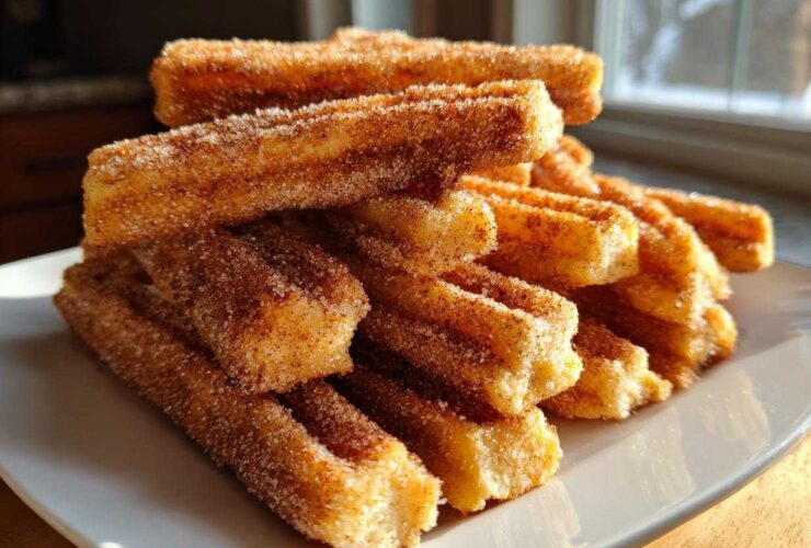 A stack of freshly made Gluten-Free Cinnamon Sugar Waffle Sticks generously coated in cinnamon sugar, sitting on a white plate.
