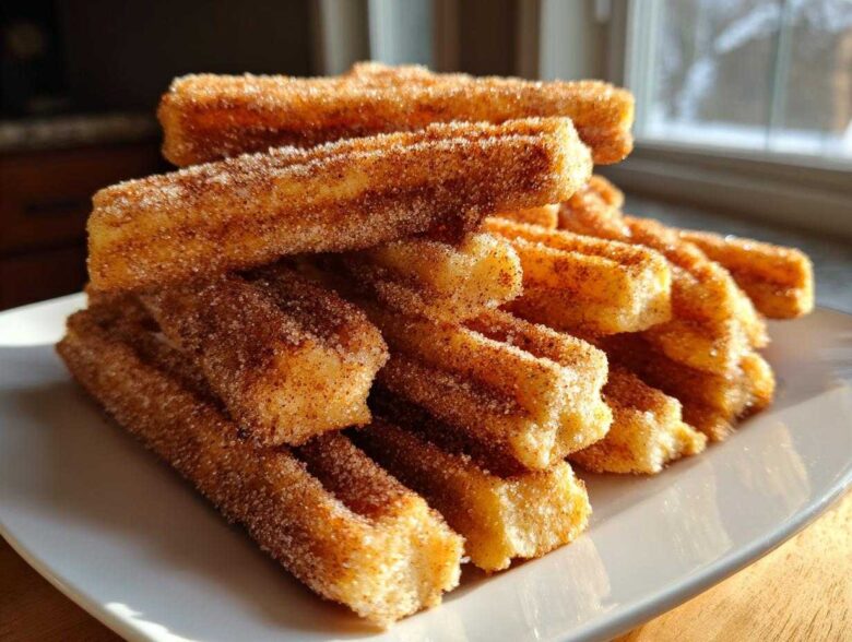 A stack of freshly made Gluten-Free Cinnamon Sugar Waffle Sticks generously coated in cinnamon sugar, sitting on a white plate.