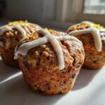 Three freshly baked Gluten-Free Hot Cross Bun Muffins topped with white icing crosses and orange zest.