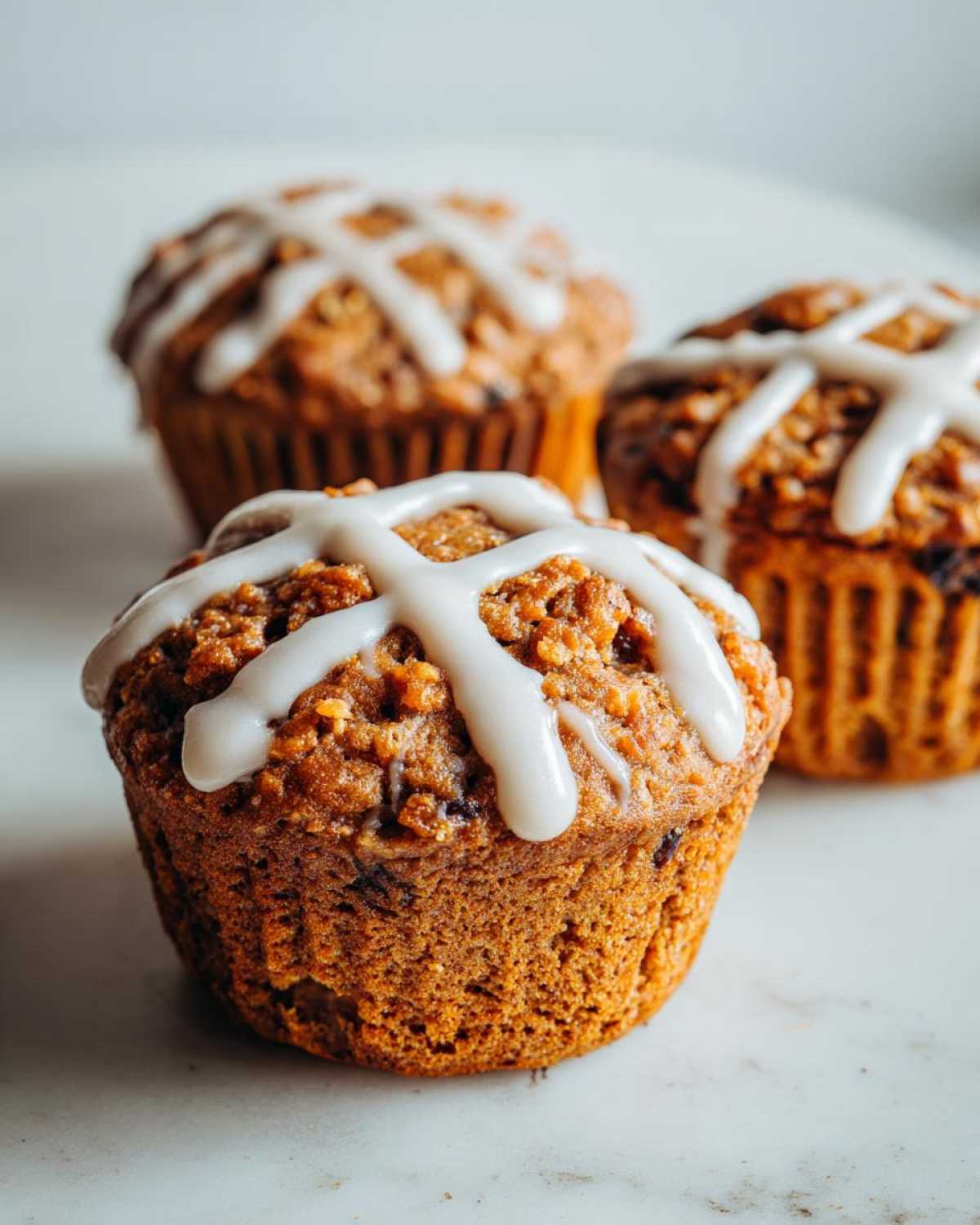 Three freshly baked Gluten-Free Hot Cross Bun Muffins topped with white cross icing, sitting on a light surface.