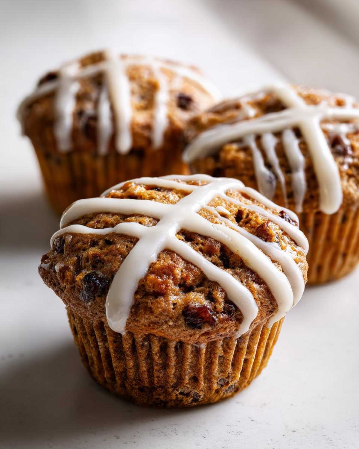 Three moist Gluten-Free Hot Cross Bun Muffins topped with white icing crosses, one in sharp focus.