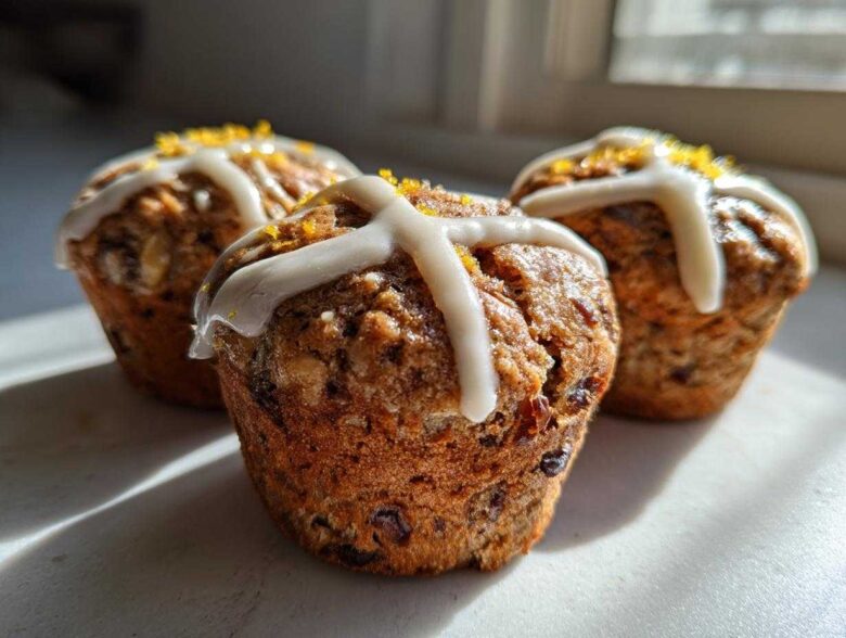 Three freshly baked Gluten-Free Hot Cross Bun Muffins topped with white icing crosses and orange zest.